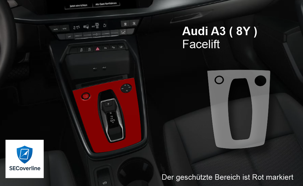 alt="Audi A3 Mittelkonsole foliert mit matter oder glänzender Schutzfolie gegen Fingerabdrücke und Reflexionen"