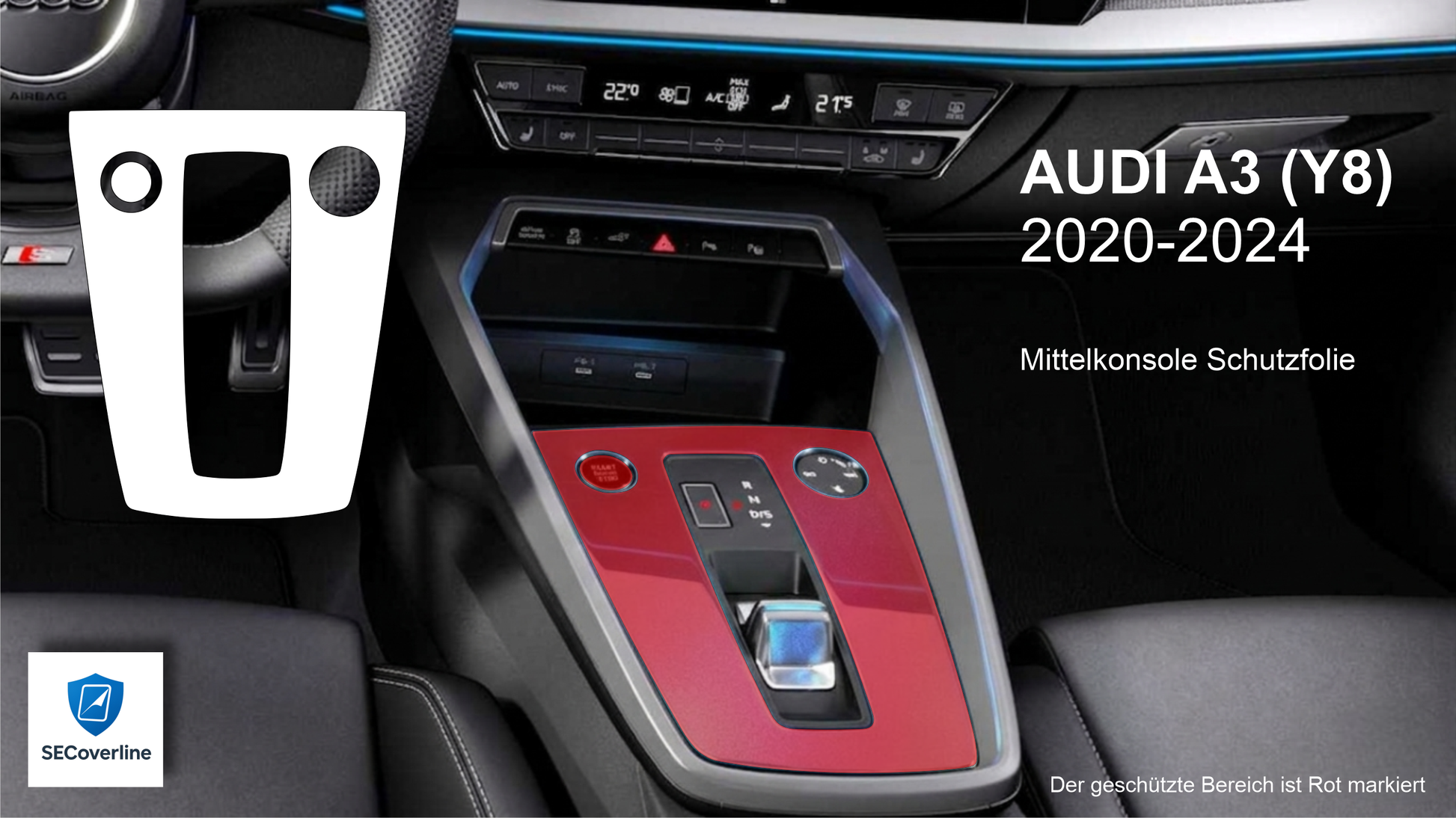 alt="Audi A3 Mittelkonsole foliert mit matter oder glänzender Schutzfolie gegen Fingerabdrücke und Reflexionen"