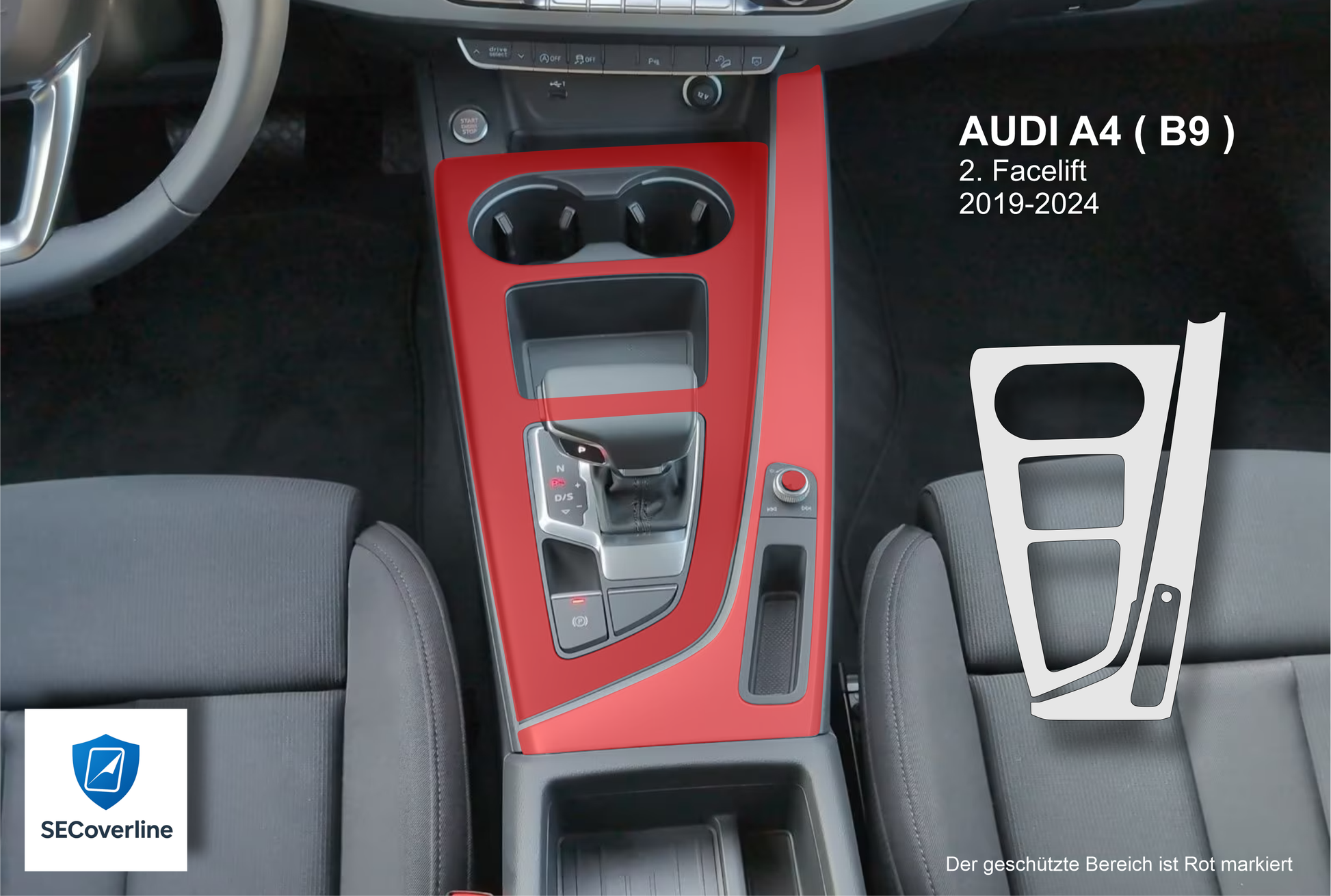 alt="Audi A4 Mittelkonsole foliert mit matter oder glänzender Schutzfolie gegen Fingerabdrücke und Reflexionen"