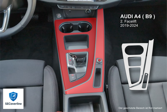 alt="Audi A4 Mittelkonsole foliert mit matter oder glänzender Schutzfolie gegen Fingerabdrücke und Reflexionen"