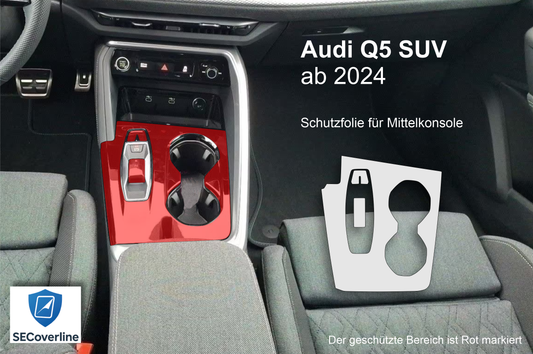 alt="Audi Q5 Mittelkonsole foliert mit matter oder glänzender Schutzfolie gegen Fingerabdrücke und Reflexionen"