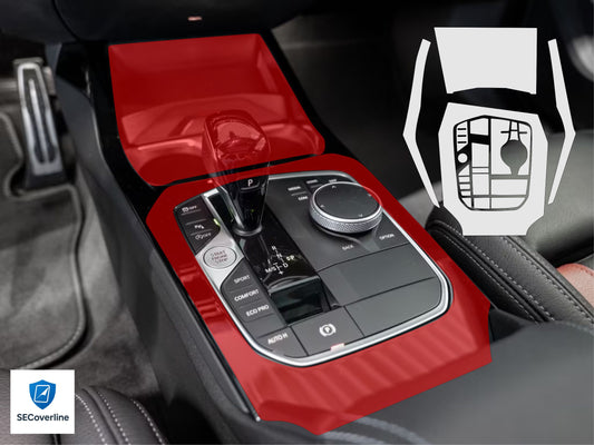alt="BMW 2er Reihe 2024 Mittelkonsole foliert mit matter oder glänzender Schutzfolie gegen Fingerabdrücke und Reflexionen"