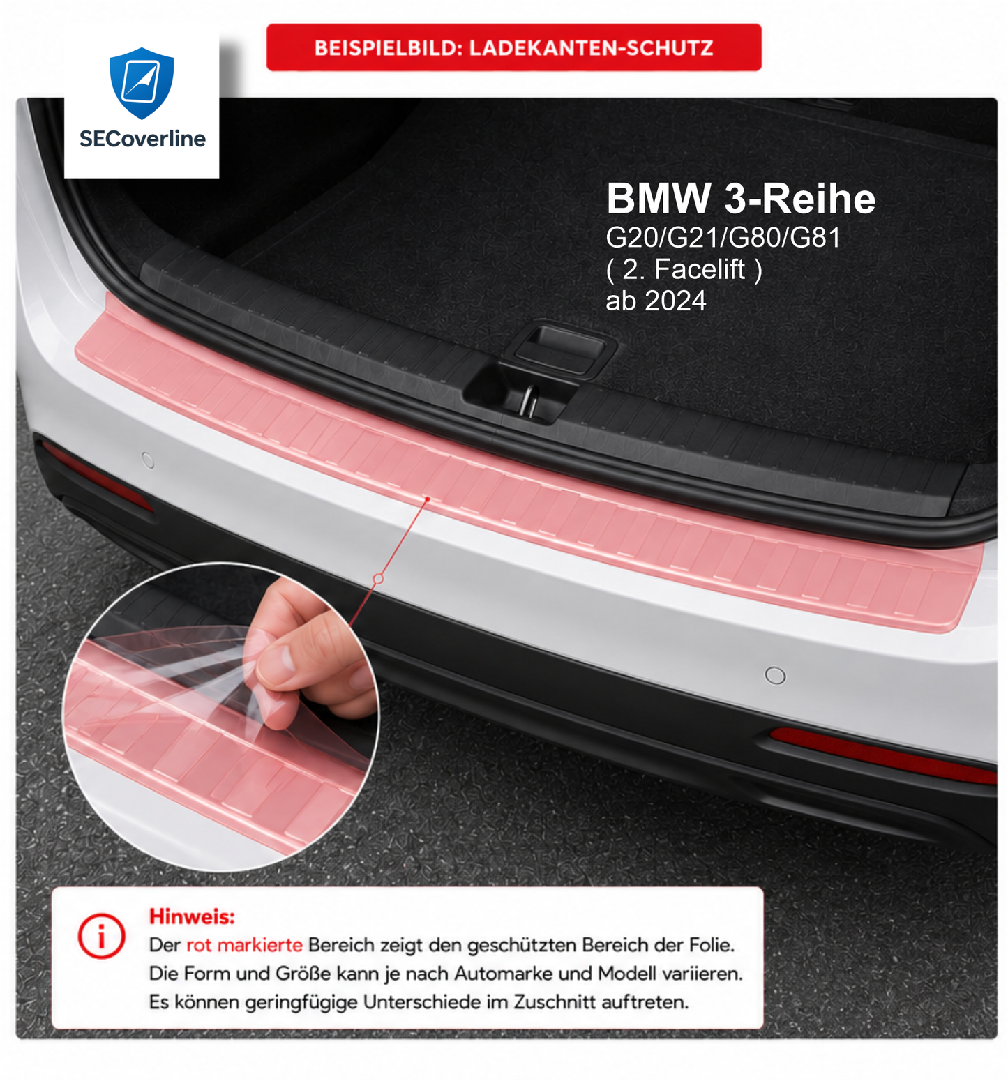BMW 3er G20 G21 G80 G81 ab 2024 – transparente Ladekanten-Schutzfolie zum Schutz vor Kratzern und Abnutzung.