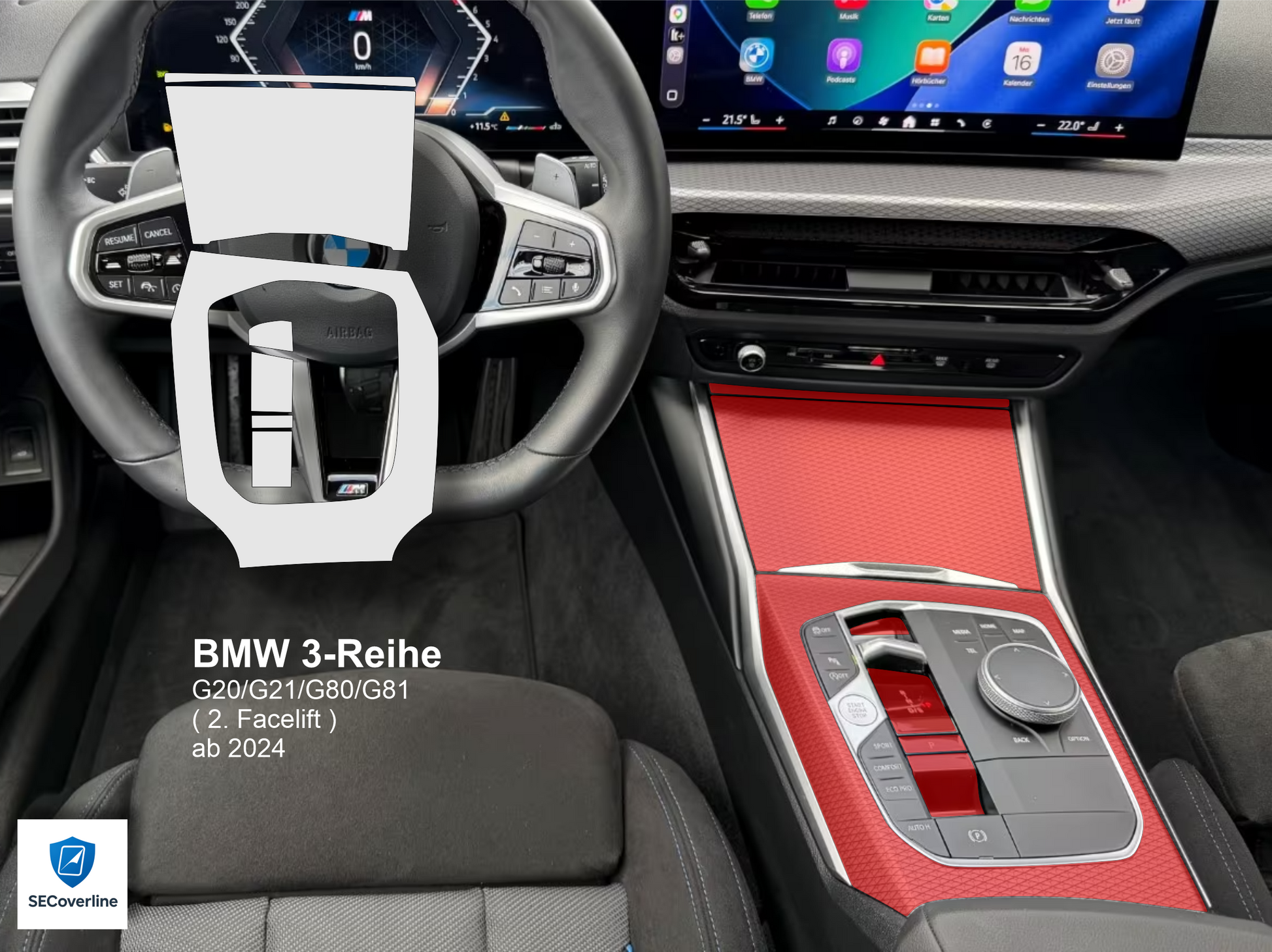 alt="BMW 3er Reihe Mittelkonsole foliert mit matter oder glänzender Schutzfolie gegen Fingerabdrücke und Reflexionen"