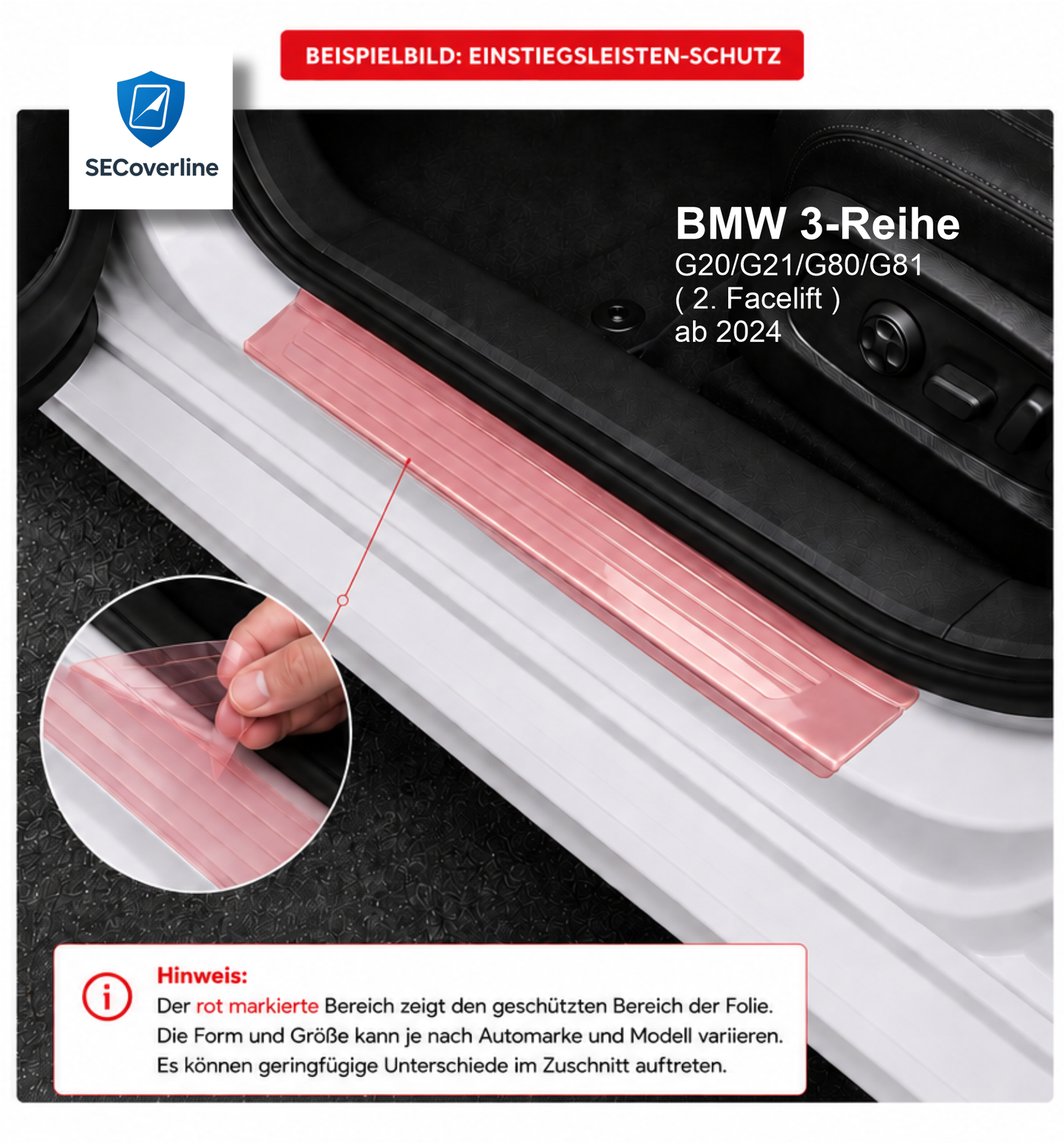 BMW 3er G20 G21 G80 G81 ab 2024 – transparente Einstiegsleisten-Schutzfolie zum Schutz vor Kratzern und Abnutzung.