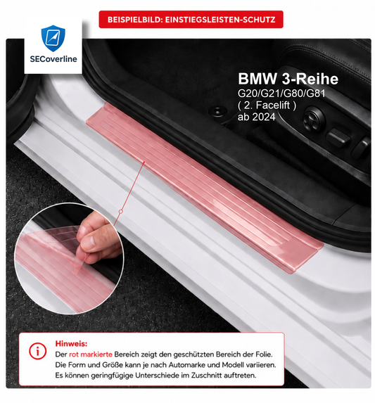 BMW 3er G20 G21 G80 G81 ab 2024 – transparente Einstiegsleisten-Schutzfolie zum Schutz vor Kratzern und Abnutzung.