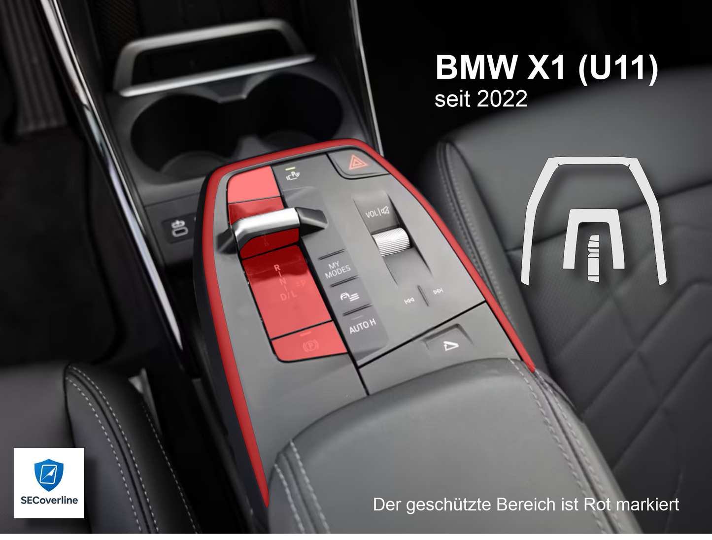 alt="BMW X1 Mittelkonsole foliert mit matter oder glänzender Schutzfolie gegen Fingerabdrücke und Reflexionen"