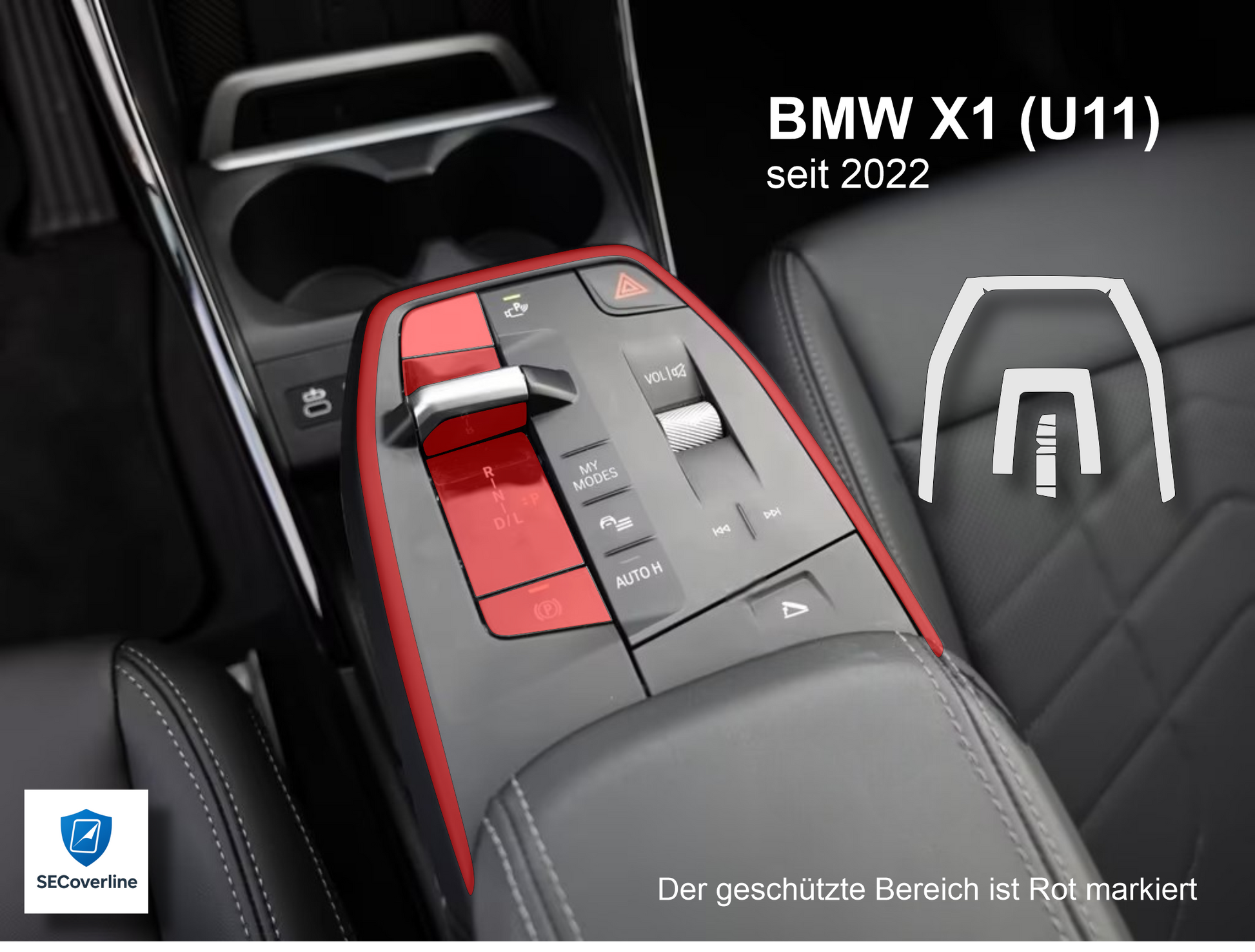 alt="BMW X1 Mittelkonsole foliert mit matter oder glänzender Schutzfolie gegen Fingerabdrücke und Reflexionen"