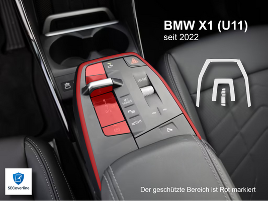 alt="BMW X1 Mittelkonsole foliert mit matter oder glänzender Schutzfolie gegen Fingerabdrücke und Reflexionen"