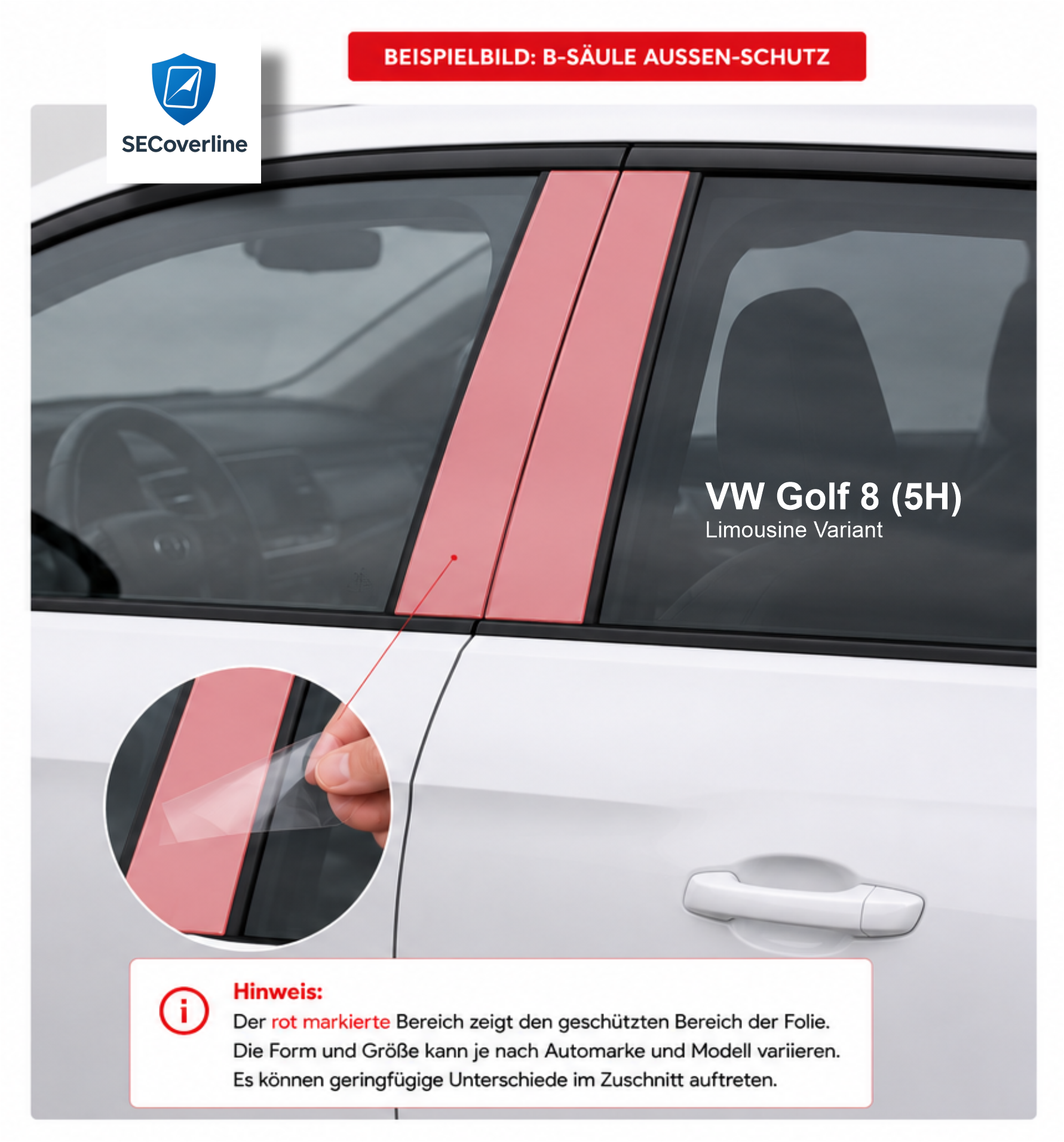 B-Säulen Schutzfolie für VW Golf 7 – transparenter Kratzschutz für die Klavierlack B-Säule gegen Kratzer und Gebrauchsspuren.