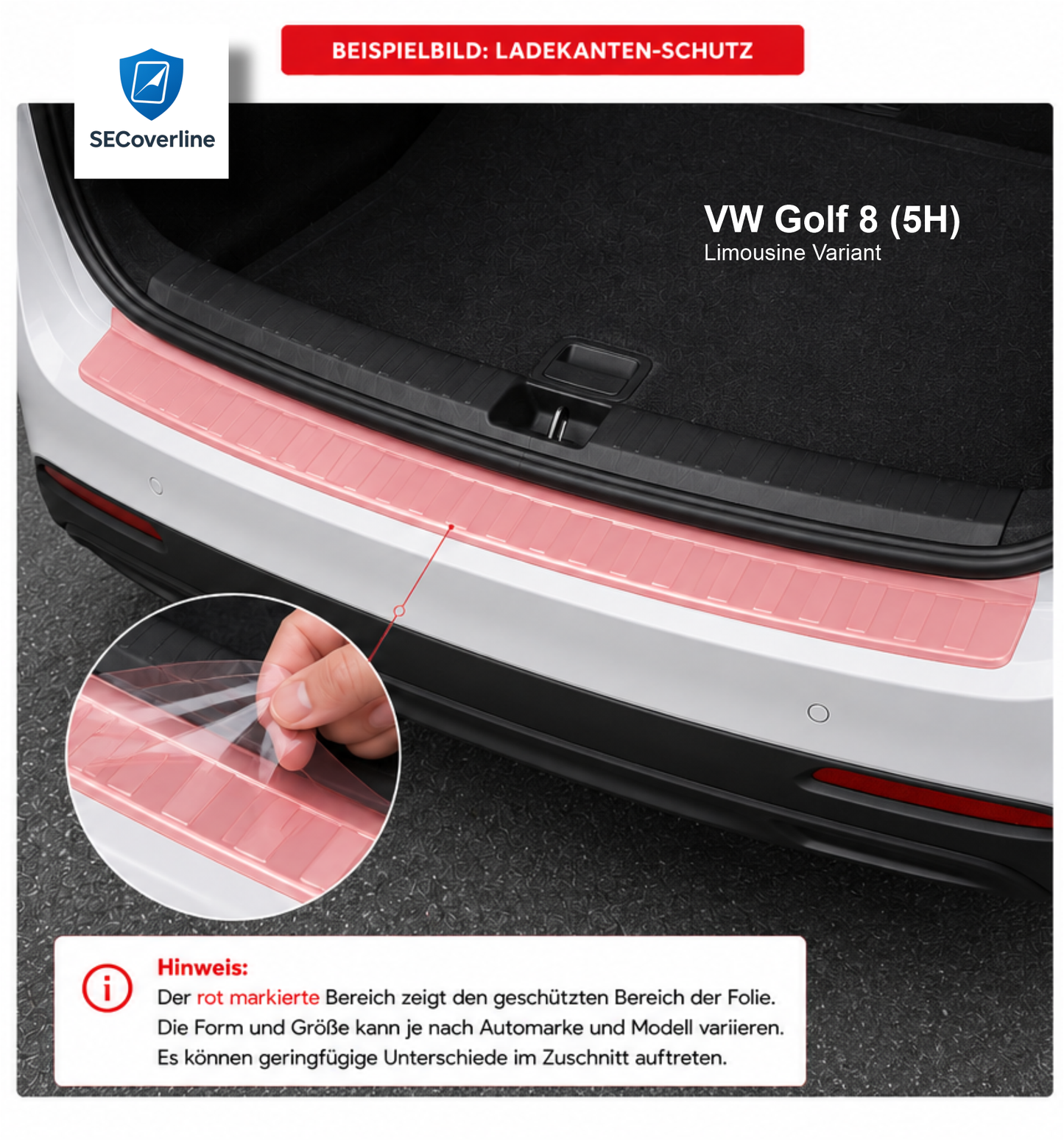 Ladekante Schutzfolie für VW Golf 8 – transparenter Kratzschutz für die Ladekante gegen Kratzer und Gebrauchsspuren.