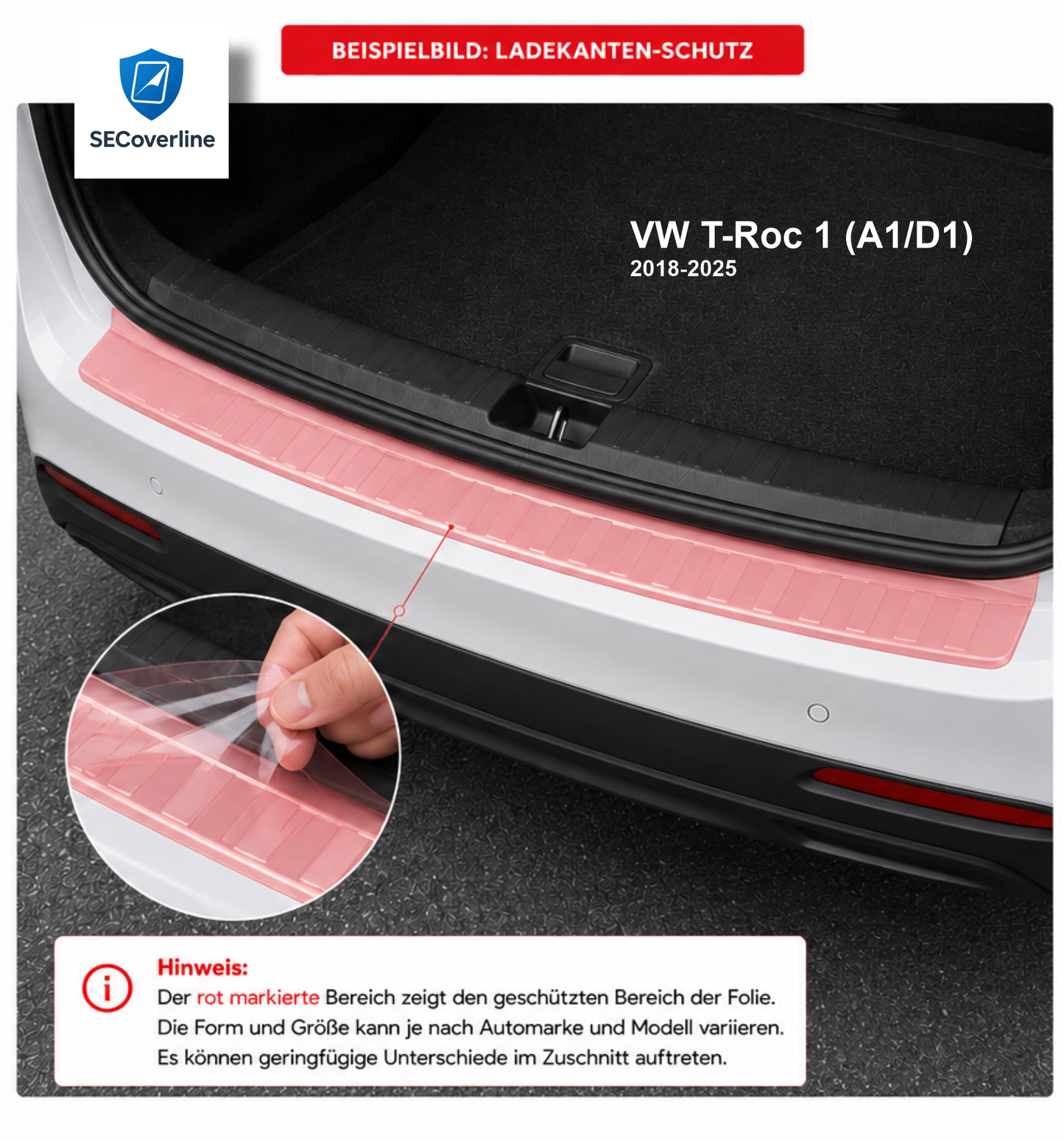 Ladekante Schutzfolie für VW T-Roc – transparenter Kratzschutz für die Ladekante gegen Kratzer und Gebrauchsspuren.