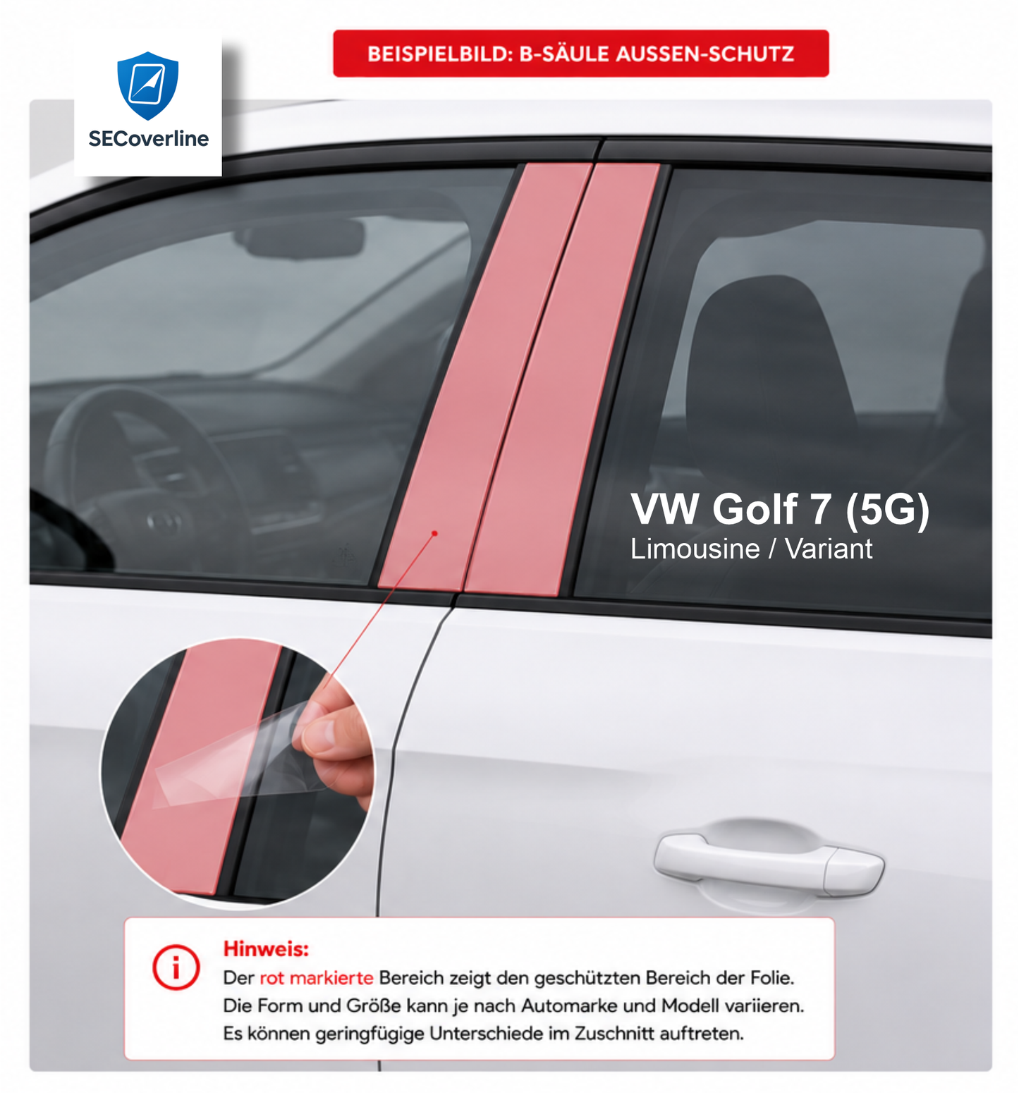 B-Säulen Schutzfolie für VW Golf 7 – transparenter Kratzschutz für die Klavierlack B-Säule gegen Kratzer und Gebrauchsspuren.