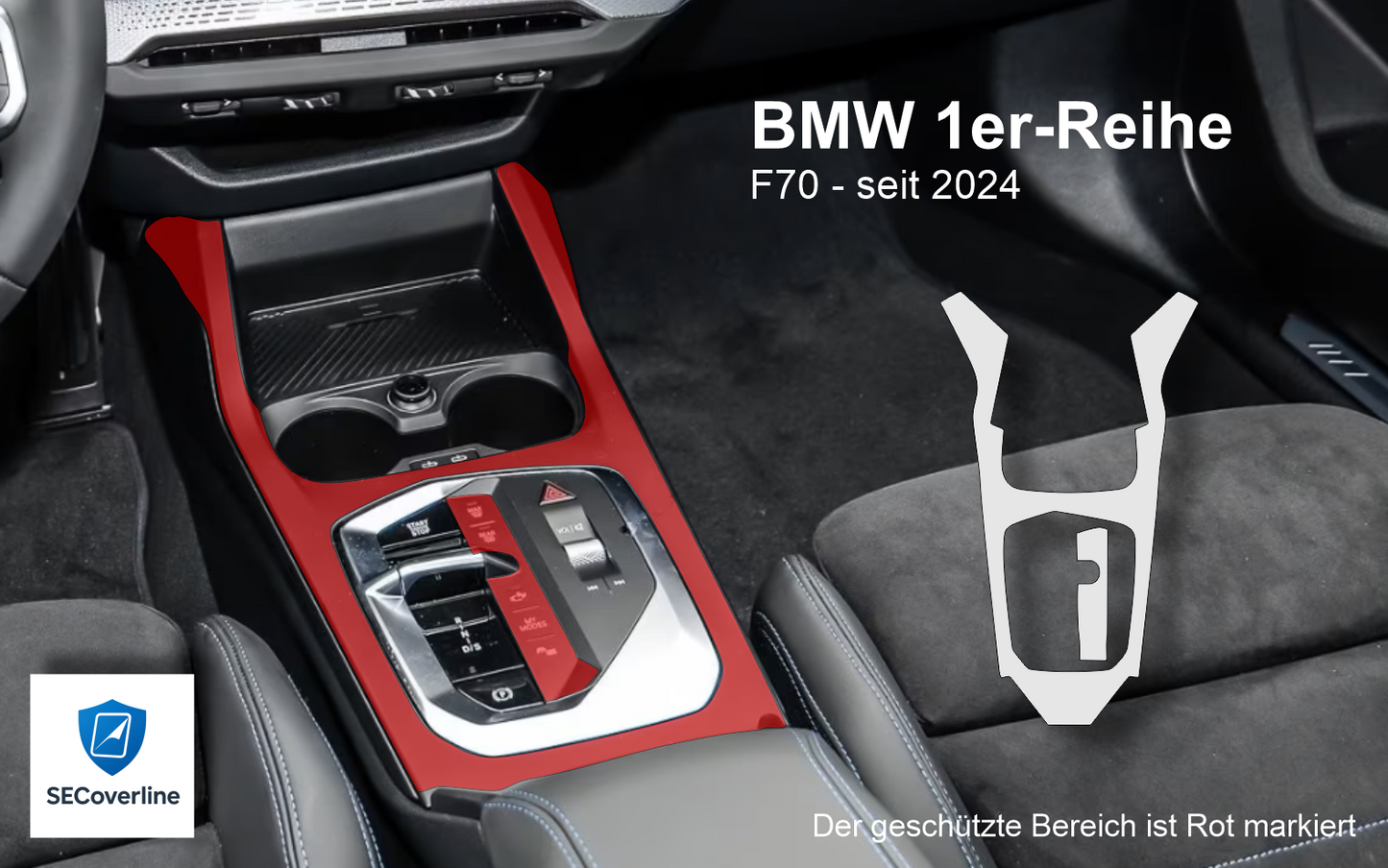 alt="BMW 1er Reihe Mittelkonsole foliert mit matter oder glänzender Schutzfolie gegen Fingerabdrücke und Reflexionen"